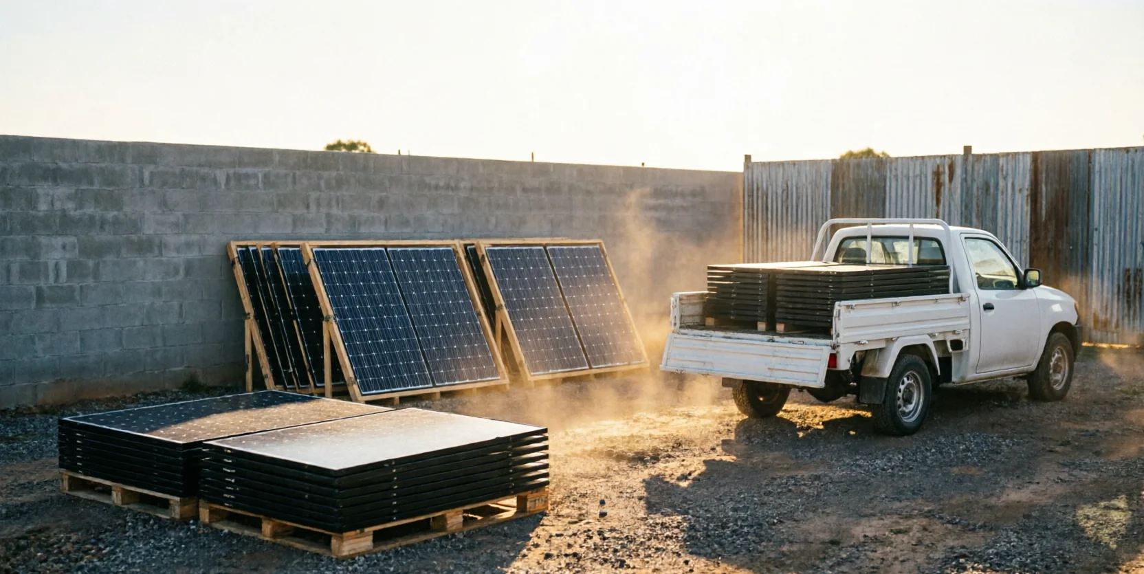 A dust-covered ute with a loaded tray sits near stacked and leaning solar panels in a fenced yard at golden hour.