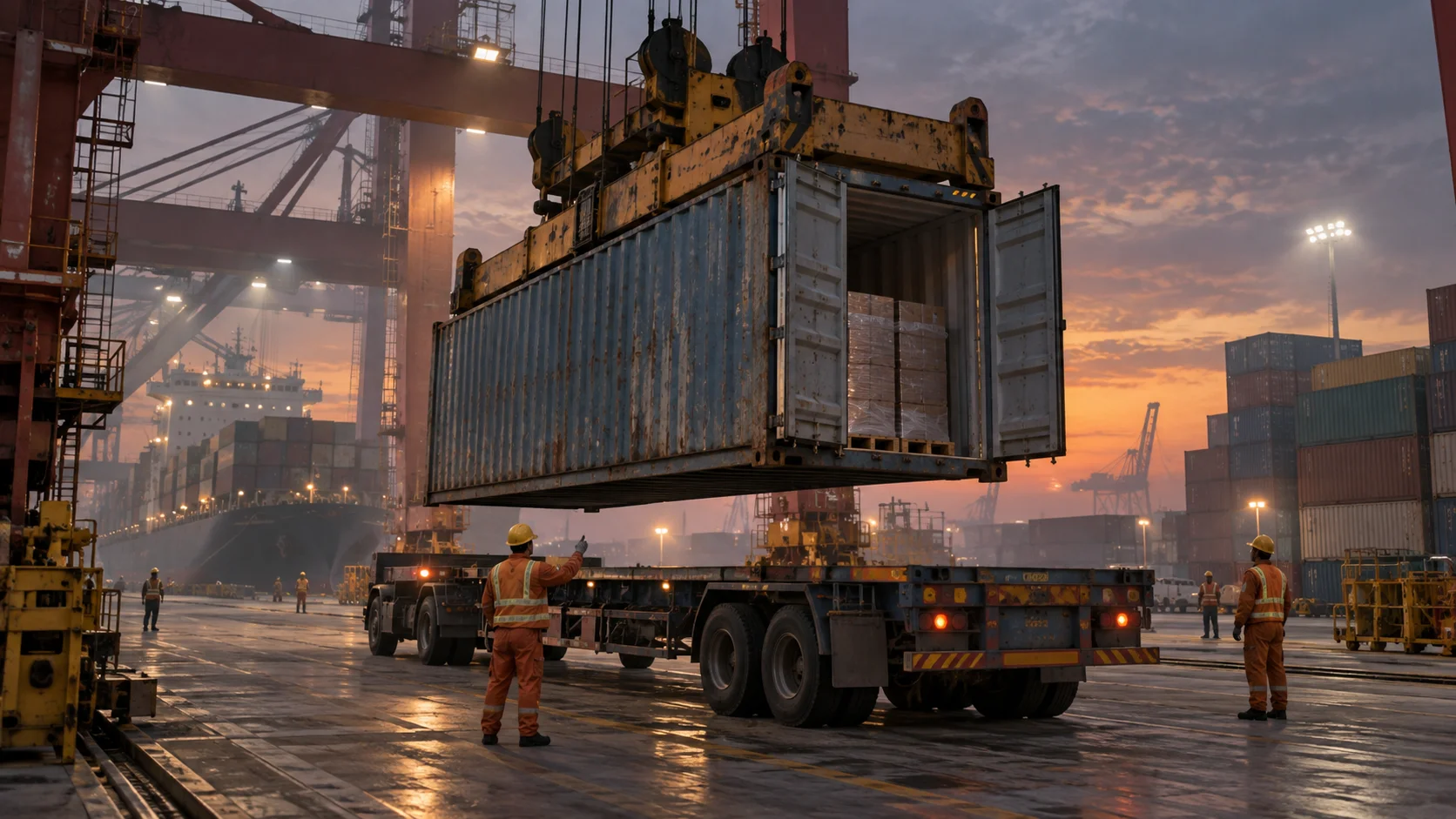 A gantry crane lowers an open shipping container onto a trailer at a dockside at dusk, with two workers directing nearby.
