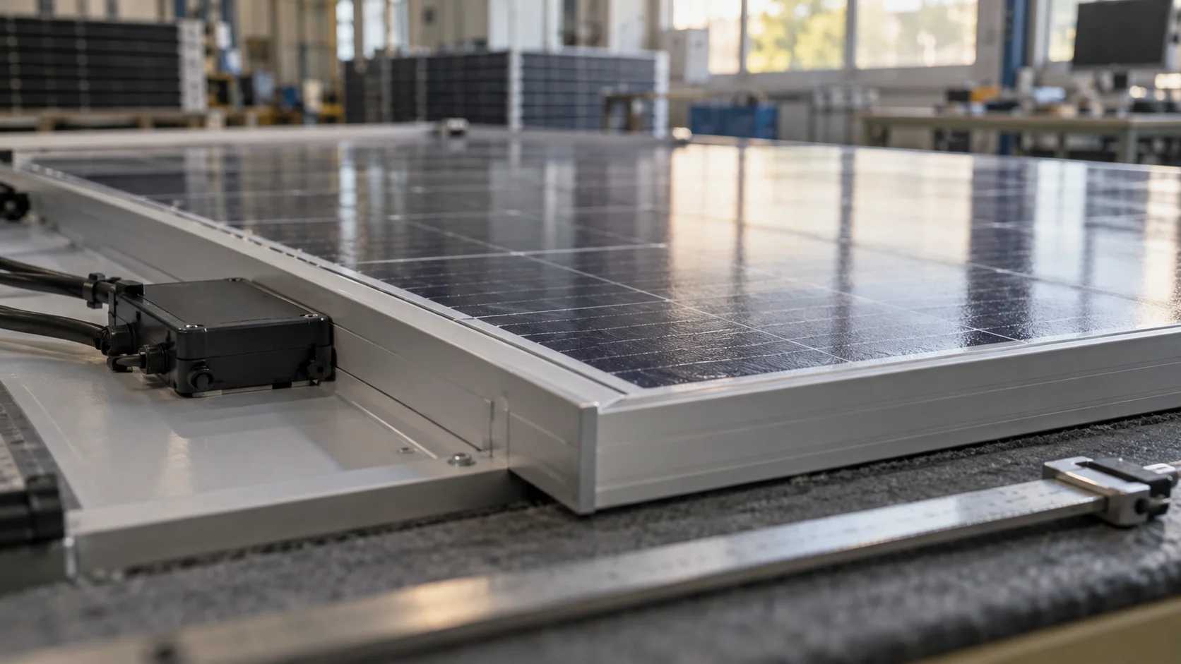Close-up on a single solar panel's aluminium frame edge and junction box resting on an inspection bench inside a factory quality-control area, a measuring tool laid