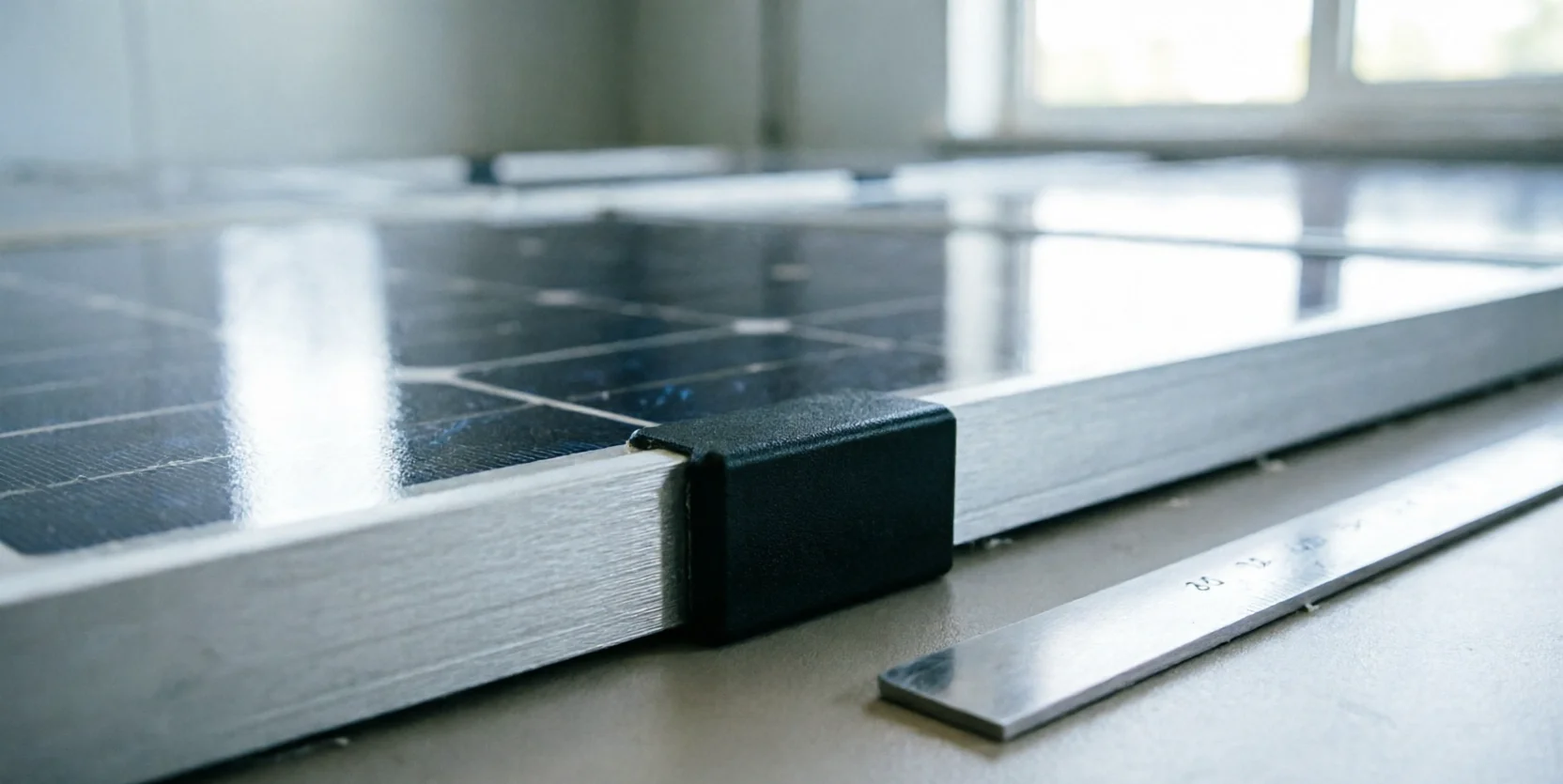 A close-up of a solar panel's aluminum frame corner and connector block resting on a bench beside a metal ruler.