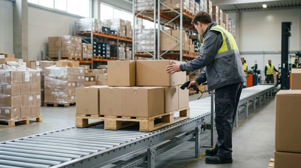Cartons of imported supplements moving through warehouse intake at the start of the import workflow