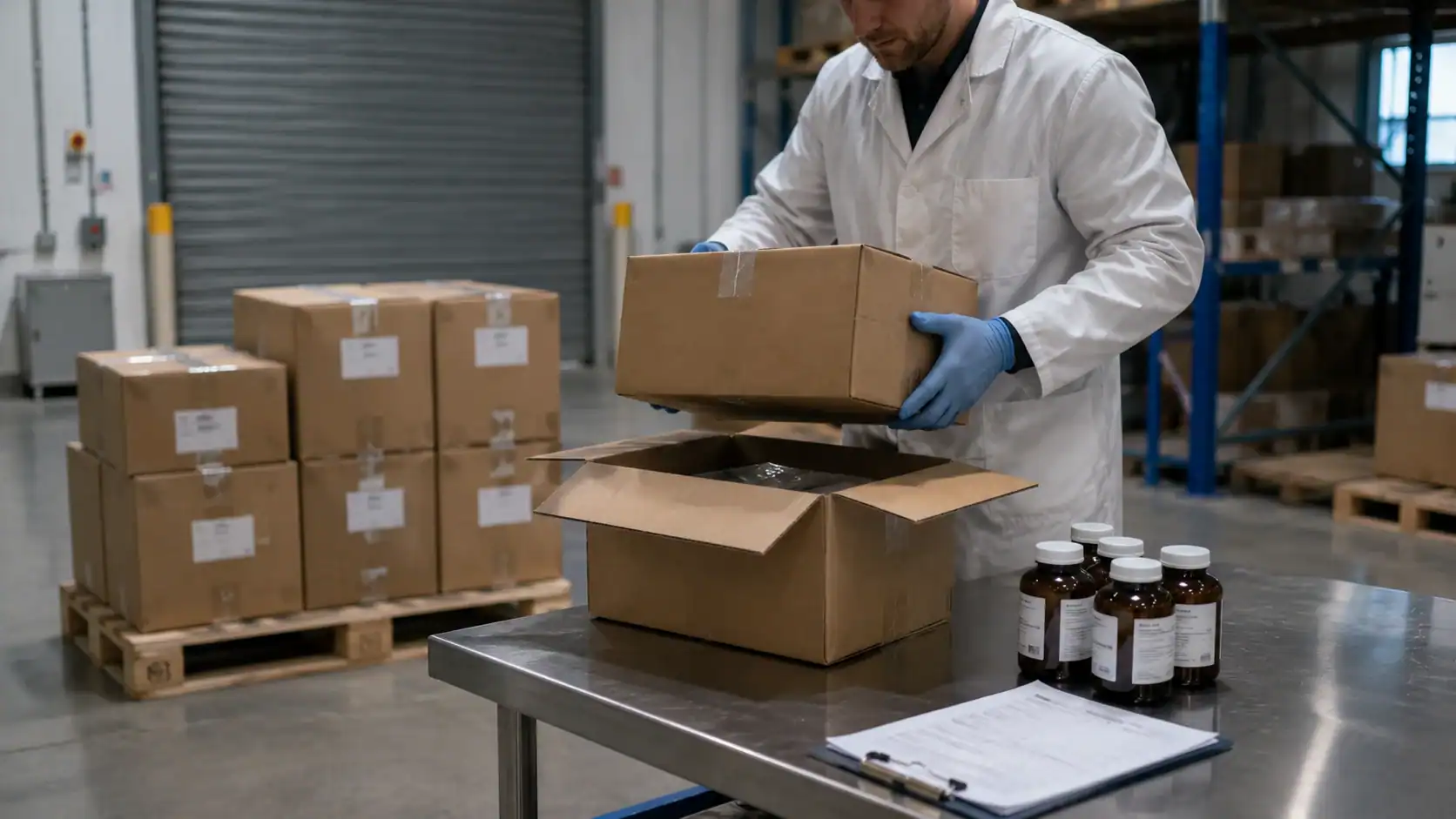 Supplement bottles and capsules arranged with TGA/ARTG documentation and a shipping invoice on a clean white surface