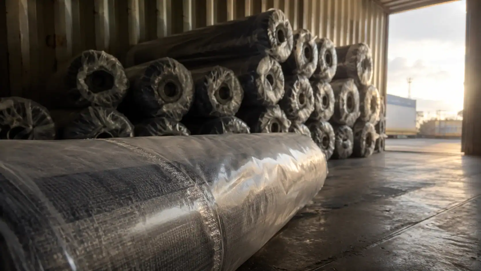 Rolls of fabric wrapped in protective poly sleeves stacked inside an open shipping container at a warehouse dock, illustrating how textile freight is stowed and moisture-protected in transit