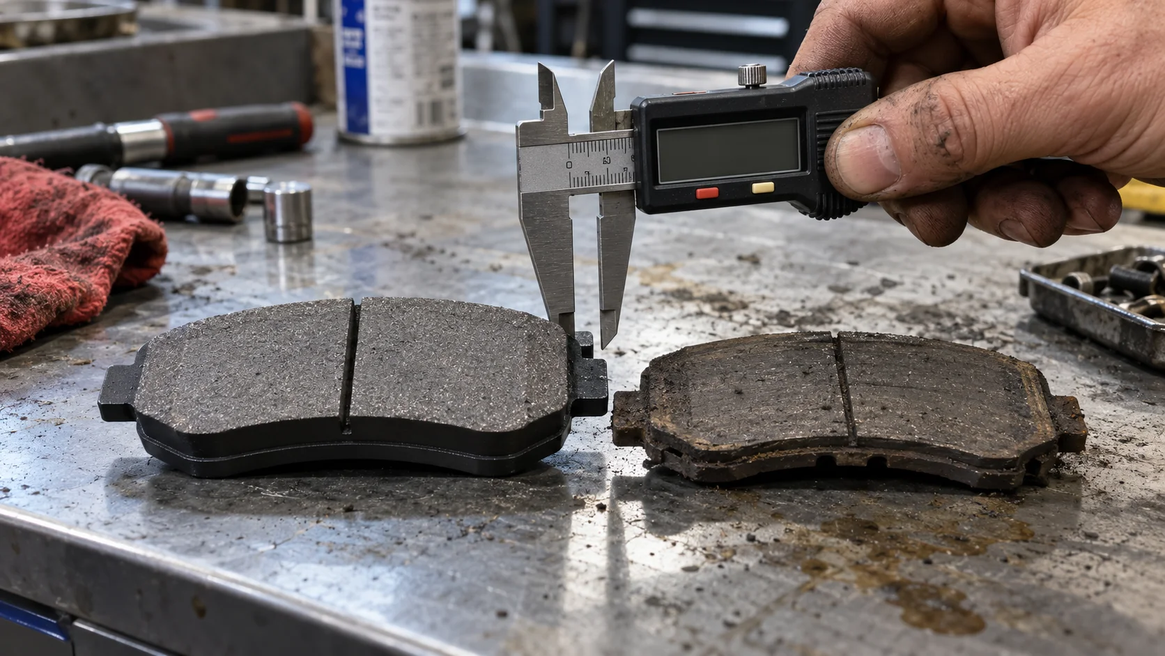 A pair of brake pads rests side by side on a workshop inspection bench, one clearly genuine-looking with consistent wear patterns, a technician's hand holding a caliper
