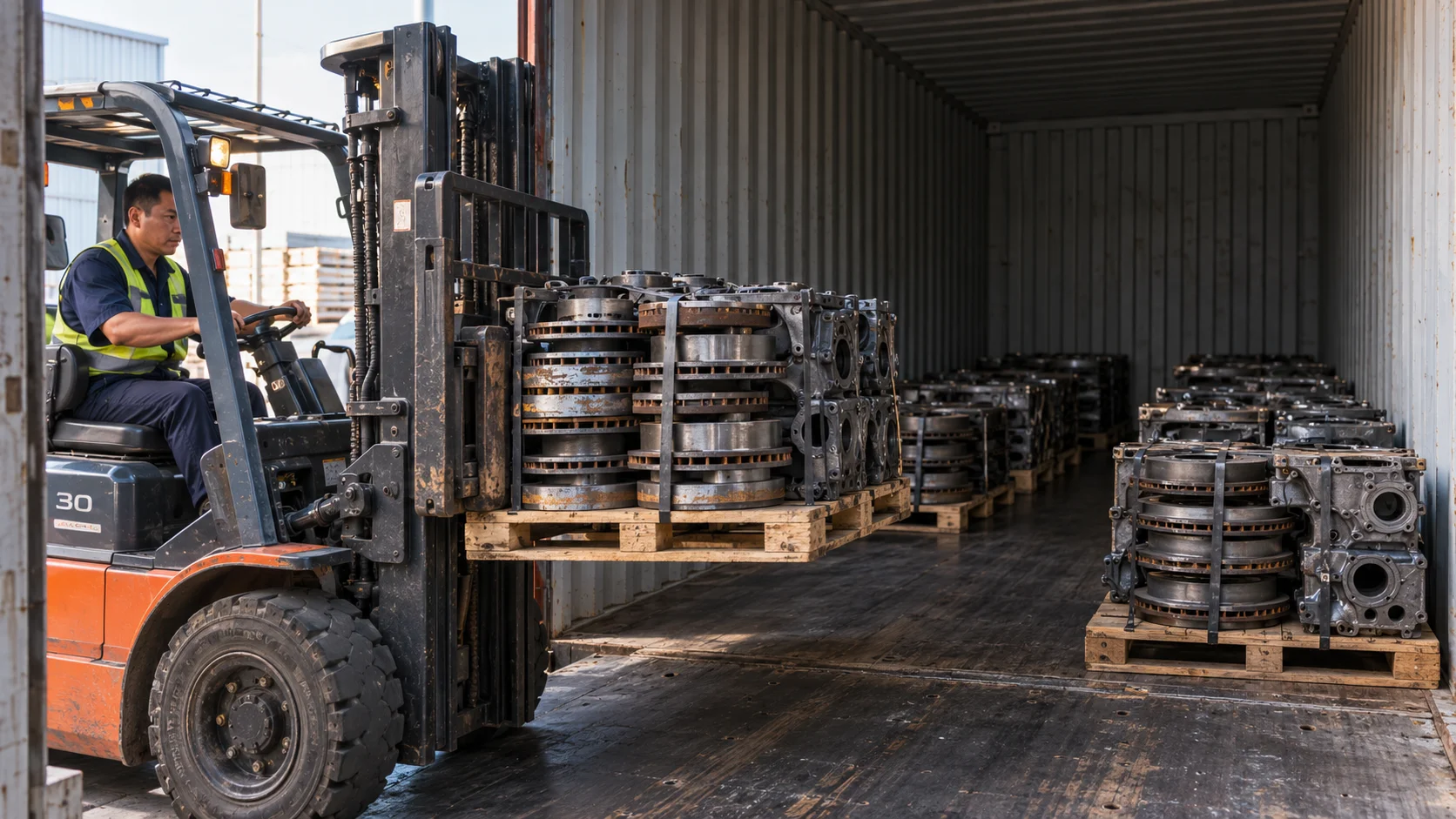 A pallet of stacked steel brake discs and cast engine components is lowered into a shipping container by forklift, the container's floor already showing several similar