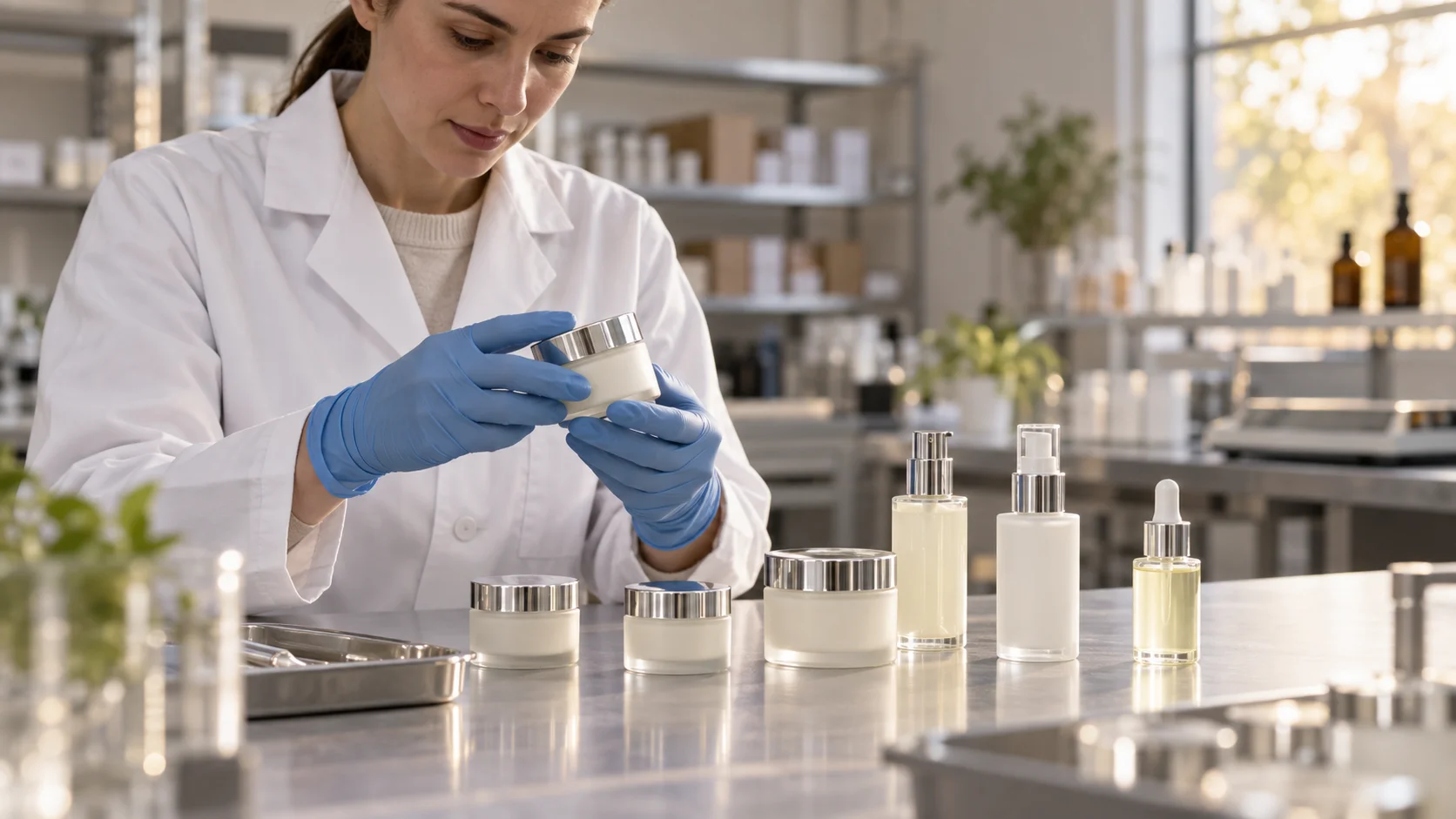 A lab-coated worker in blue gloves inspects a skincare jar amid rows of cosmetic jars and bottles on a stainless steel bench.