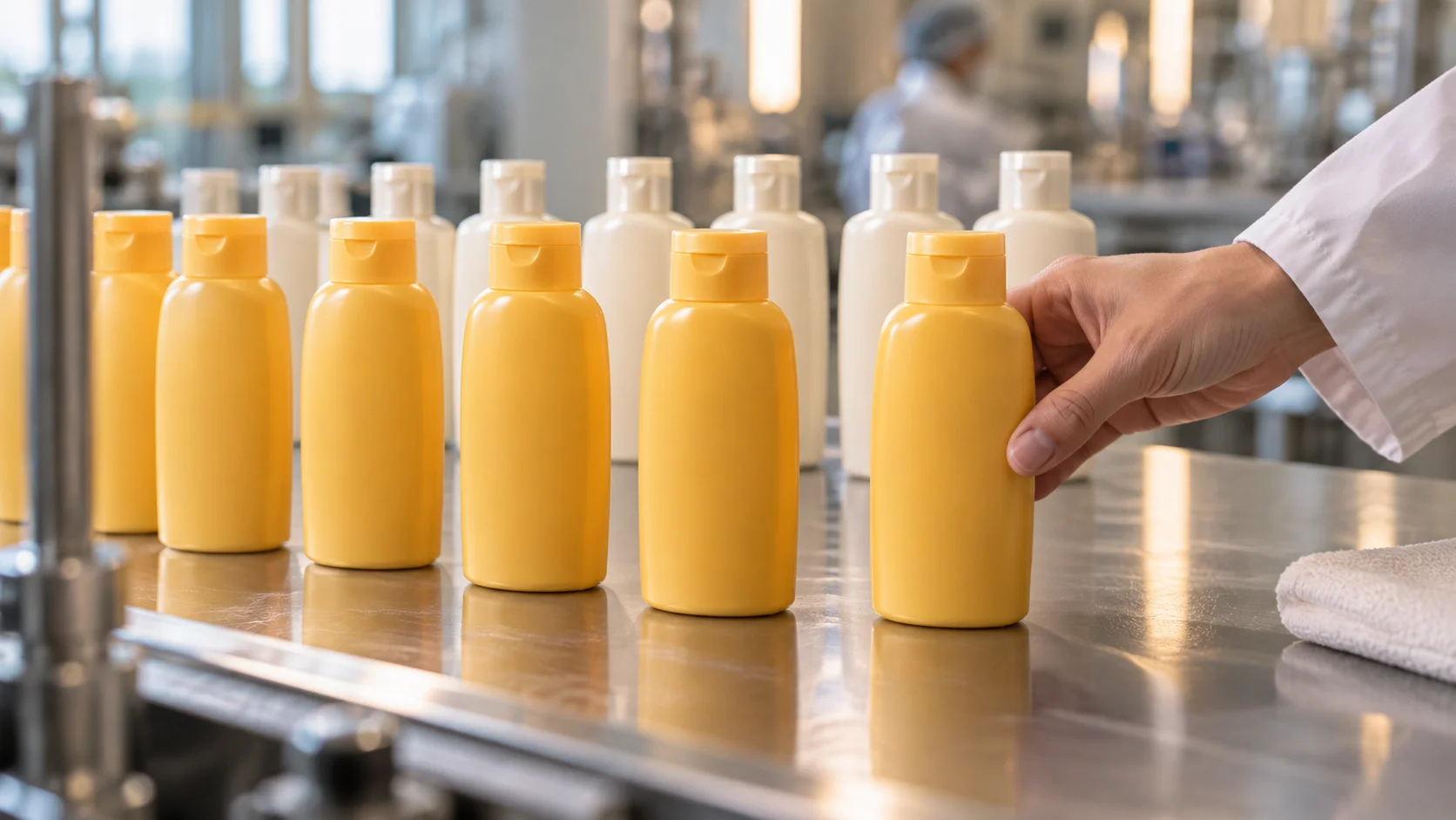 A gloved hand sets down a bottle at the end of a row of matching bottles, with a second row of bottles staged behind on a stainless table.