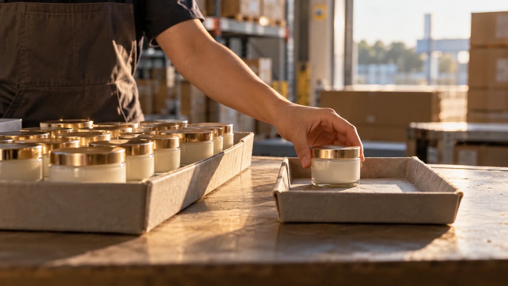 Warehouse staff member separating a single unlabeled cosmetic jar into its own tray apart from a tray of identical jars