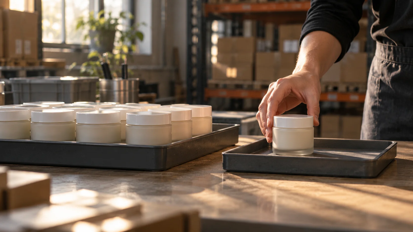 A hand places a single lidded jar into its own small tray beside a larger tray holding many identical jars.
