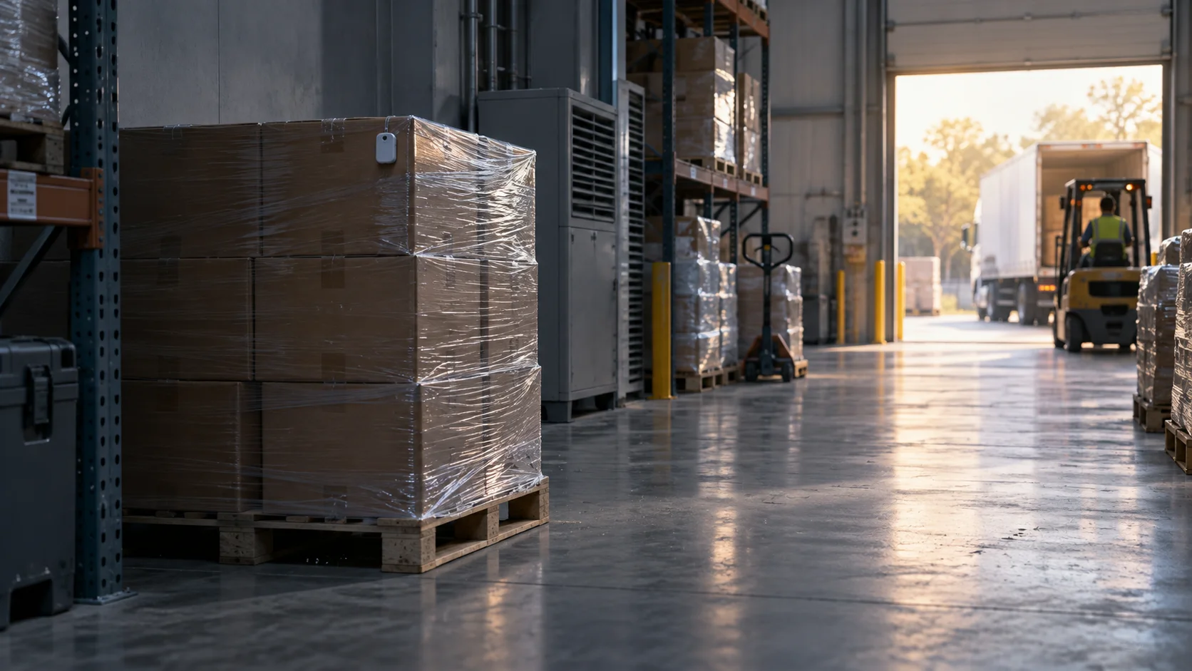 A shrink-wrapped pallet of cartons sits in a shaded warehouse corner with a small sensor clipped to the top box, a sunlit bay door beyond.
