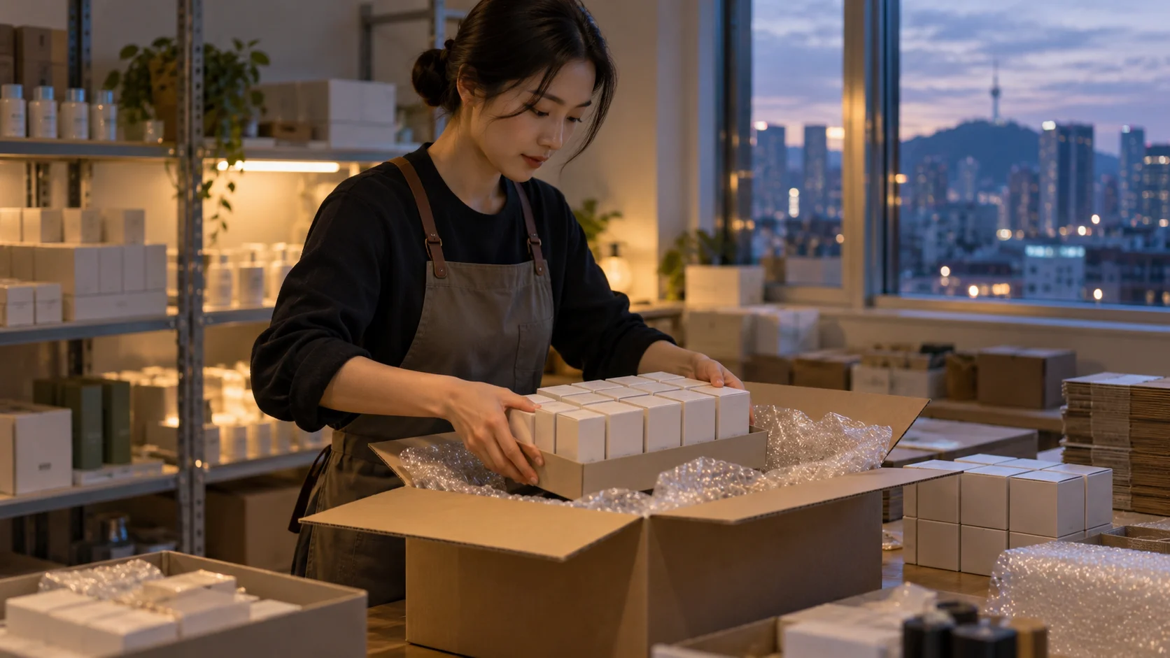 A worker packs small boxes into a padded shipping carton in a compact room overlooking a city skyline at dusk.
