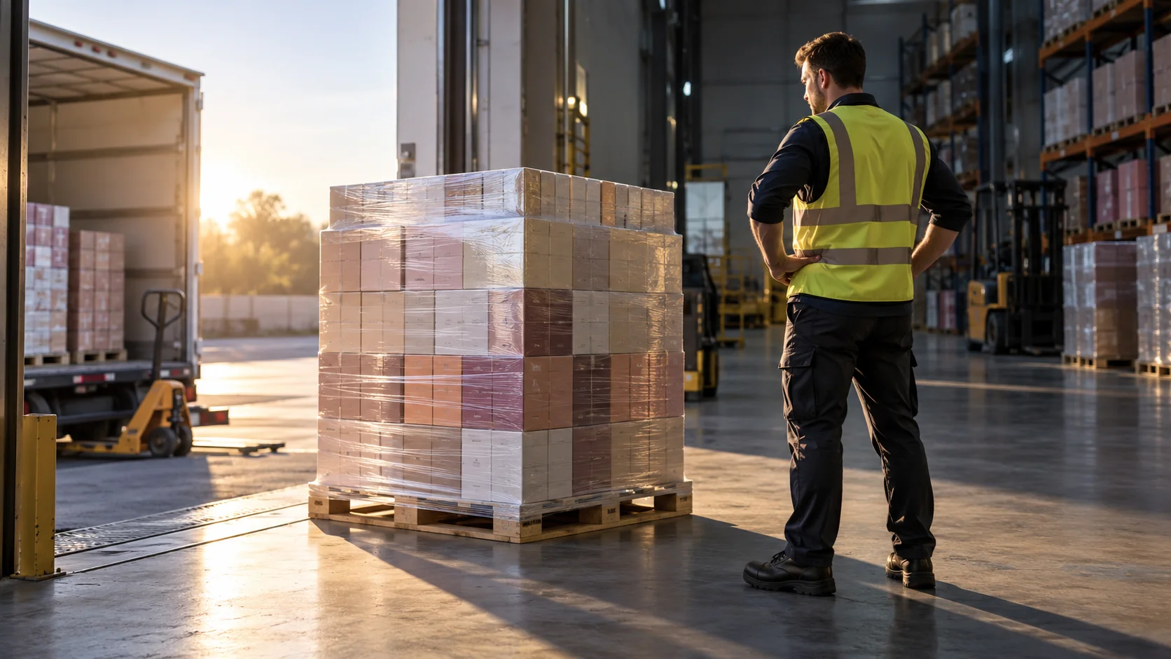 A hi-vis-vested worker stands with hands on hips inspecting a fully wrapped pallet of cartons at a warehouse loading bay.