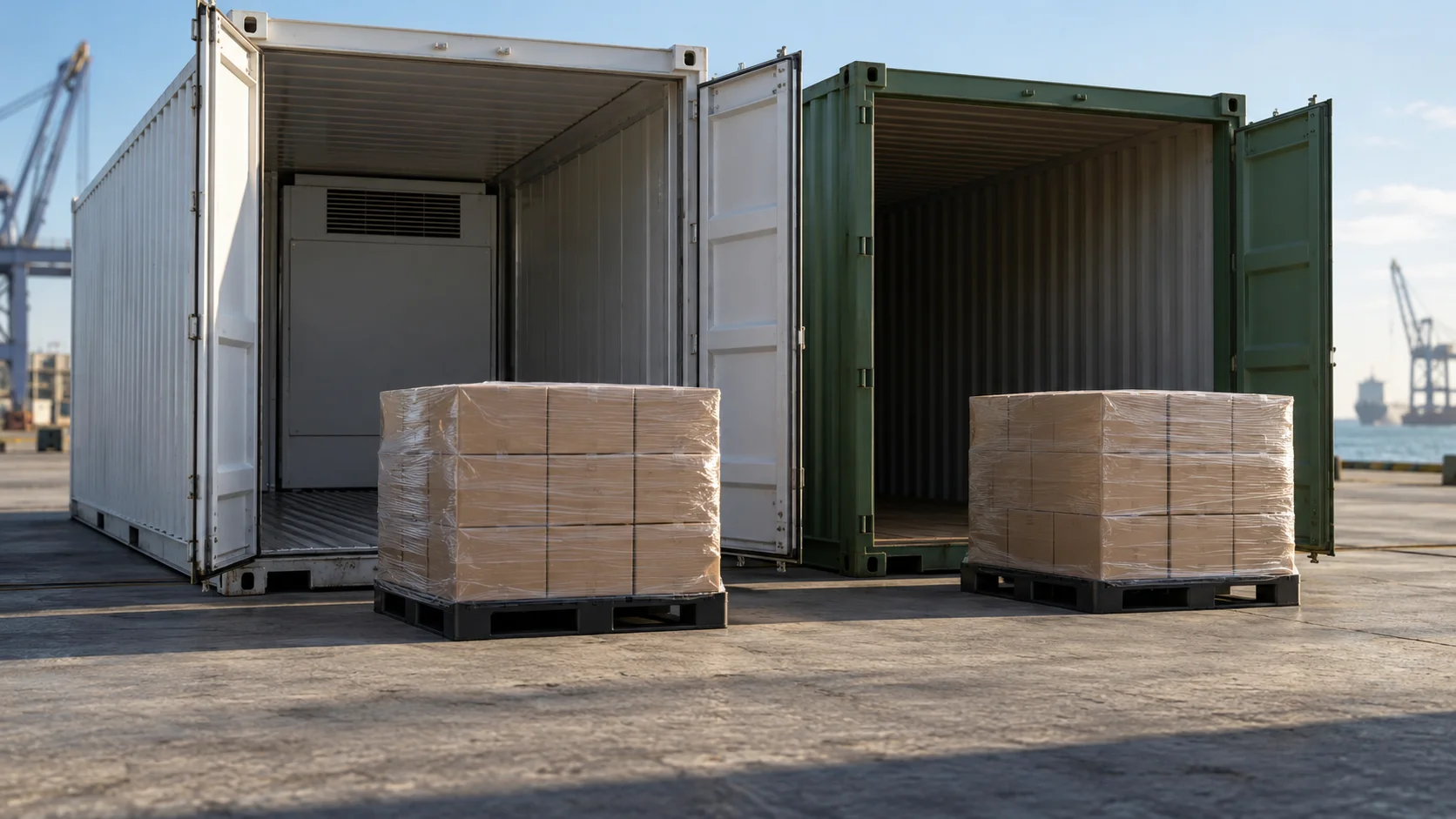 Refrigerated and dry containers side by side, each with a wrapped pallet at its open door, cold chain against ambient freight
