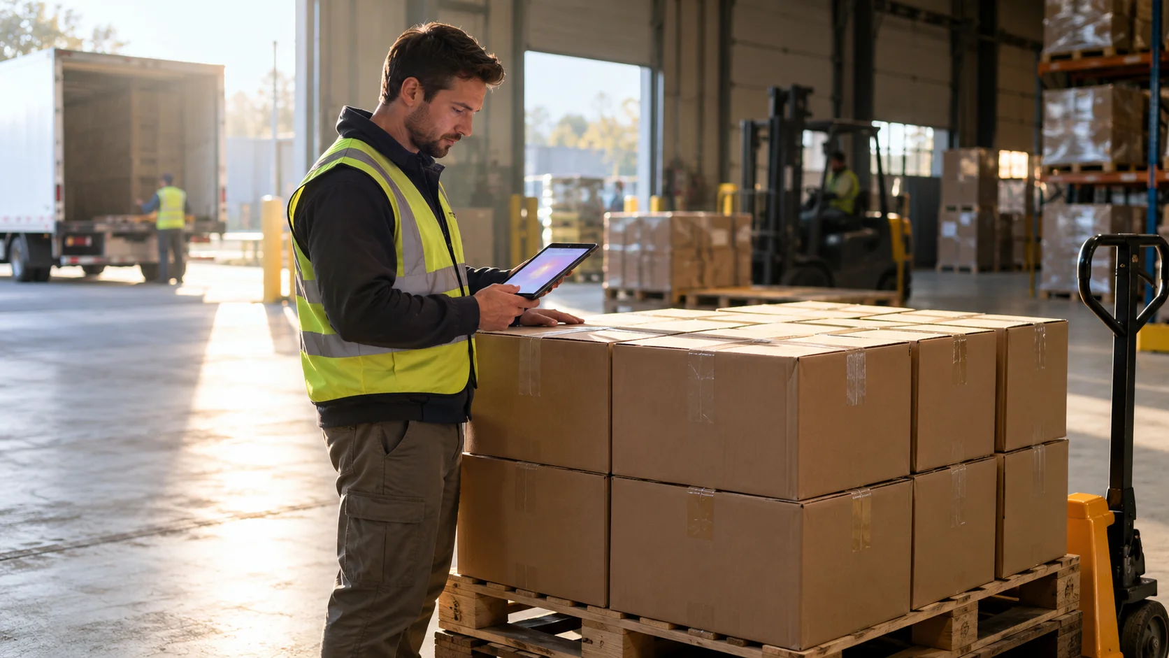 In a bright receiving bay, a logistics coordinator holds a tablet beside an open pallet of goods, comparing the physical carton count against the screen with a focused, unhurried posture.