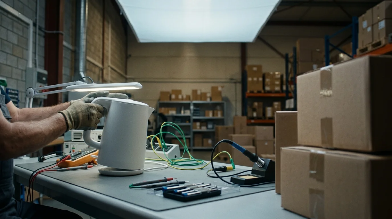 On a product-testing bench inside a compliance-lab-style warehouse corner, a technician's hands examine a sample consumer item, a small appliance or homeware piece, turning it gently under a raking work light to check its finish and fittings.
