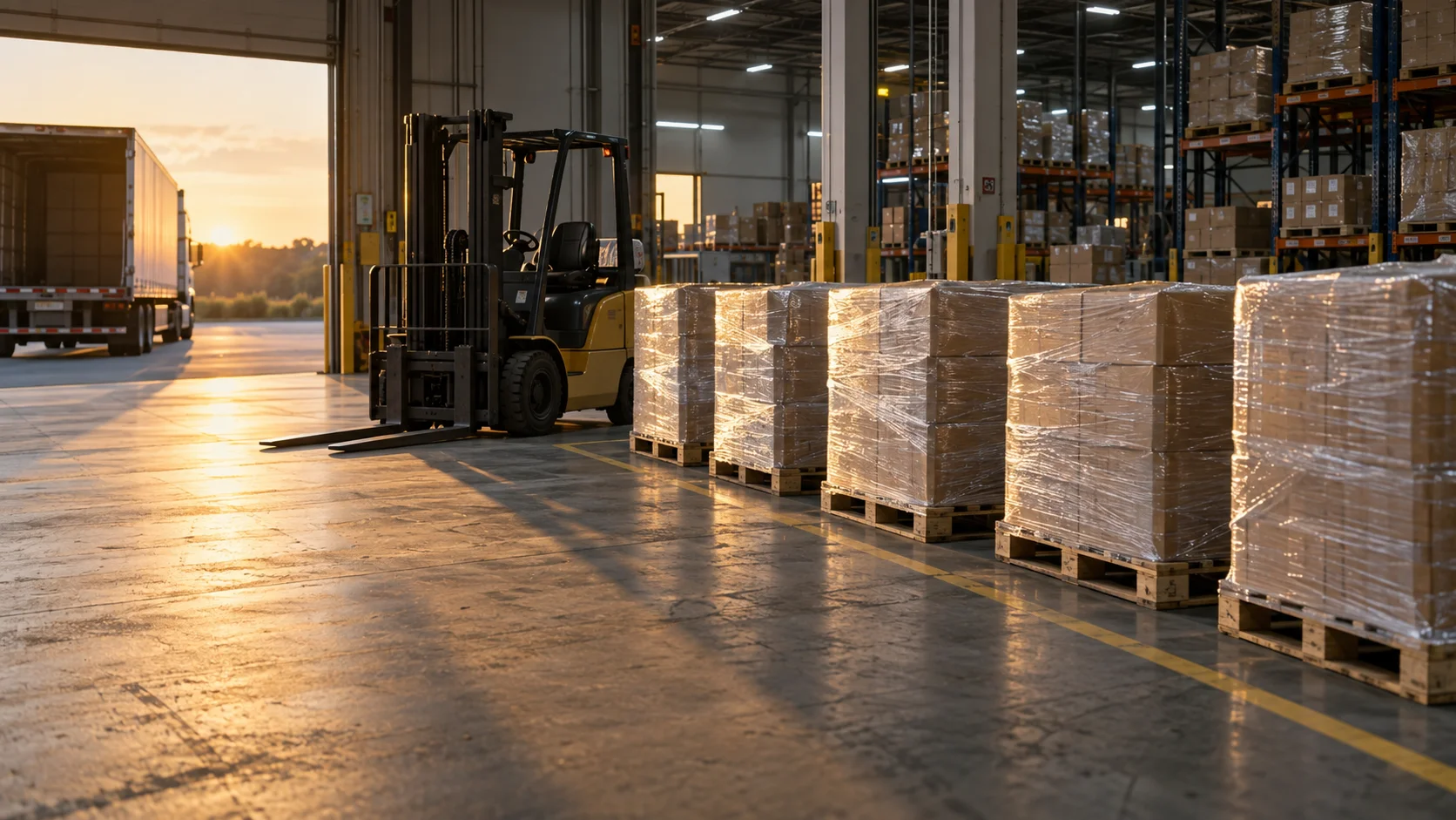 A wide view of a warehouse staging lane where several pallets sit fully wrapped and squared away in a tidy row, ready for outbound loading, a forklift parked nearby with its forks lowered rather than in motion.
