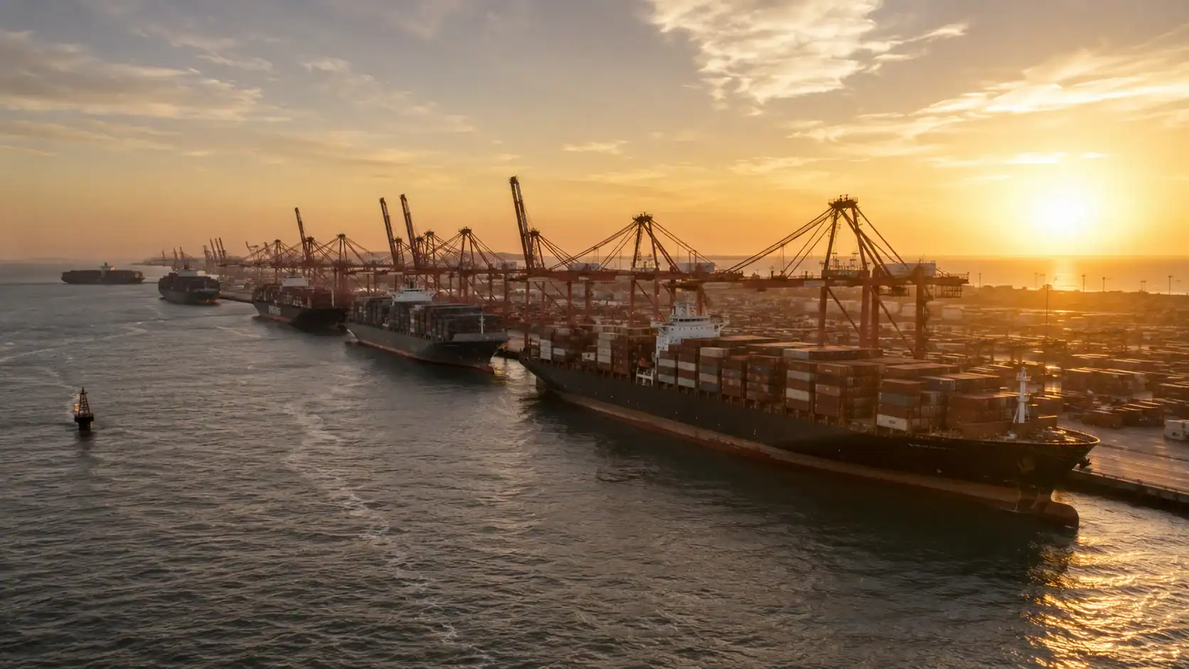 Aerial view of a Chinese container port (Shanghai Yangshan or Shenzhen Yantian) with a container ship bound for Australia, or a split image showing Chinese fact