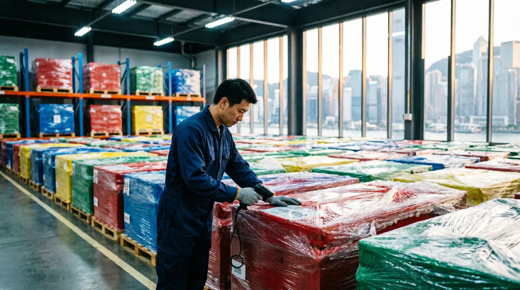 A cargo consolidation warehouse in Hong Kong with pallets from multiple regional origins staged in distinct zones.