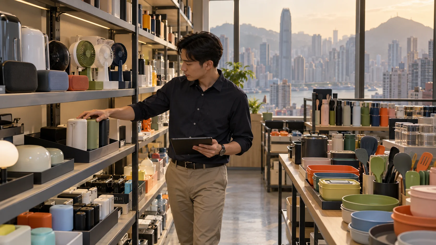A sourcing agent walking through a compact Hong Kong trading-company showroom, running a hand along a sample product on a shelf, dense urban high-rise view softly