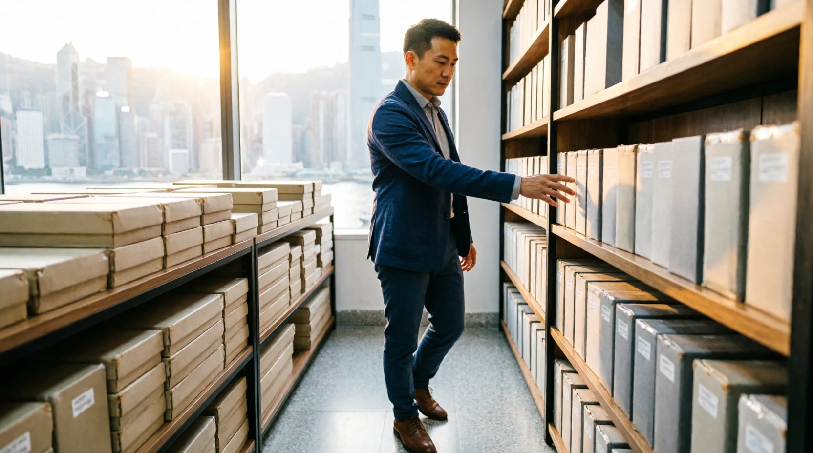 A sourcing agent walking through a compact Hong Kong trading-company showroom, running a hand along a sample product on a shelf.
