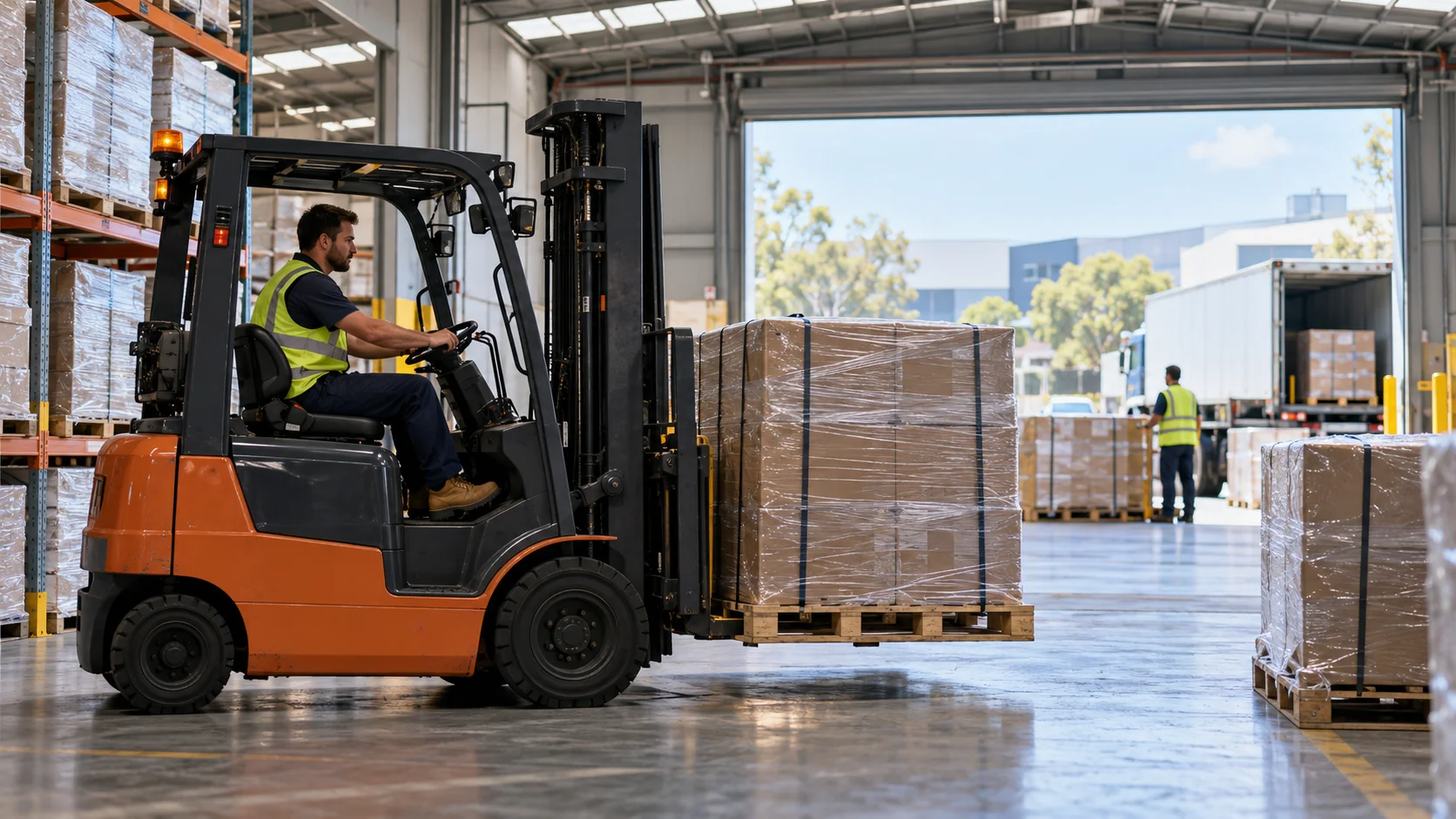 Palletized cargo moving through an Australian customs-processing warehouse, a forklift naturally mid-motion positioning a pallet beneath bright industrial skylighting,