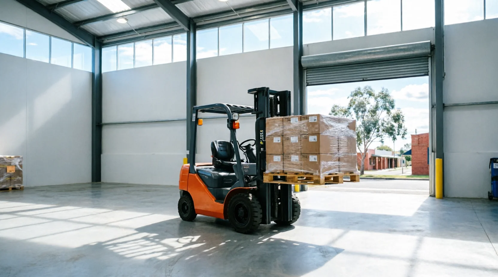 Palletized cargo moving through an Australian customs-processing warehouse.