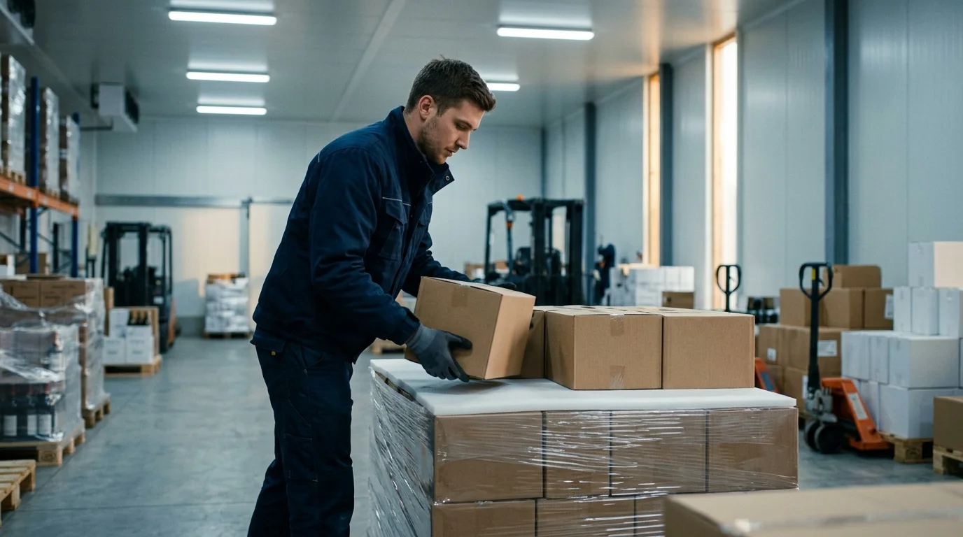Inside a climate-controlled receiving area, a warehouse worker carefully lowers a case of wine bottles onto a foam-lined pallet layer, one hand supporting its base, the stack already several layers high and perfectly aligned.