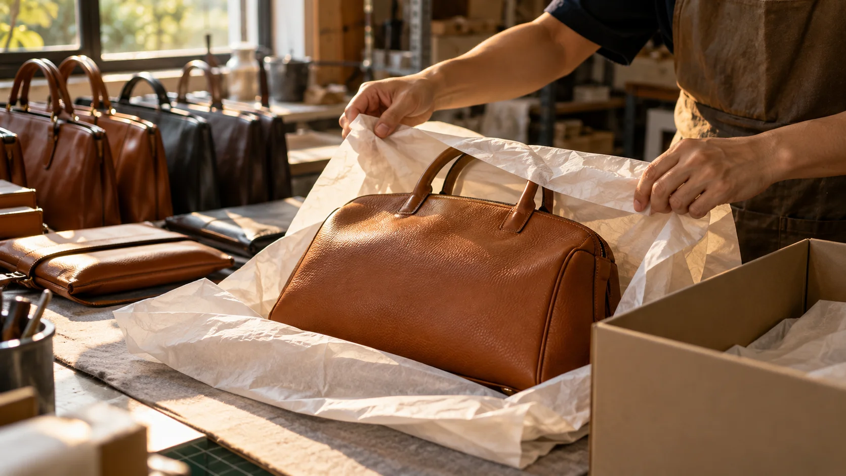 On a padded packing table in a small export workshop, a pair of hands folds tissue paper around a leather handbag before it goes into a rigid shipping box, other
