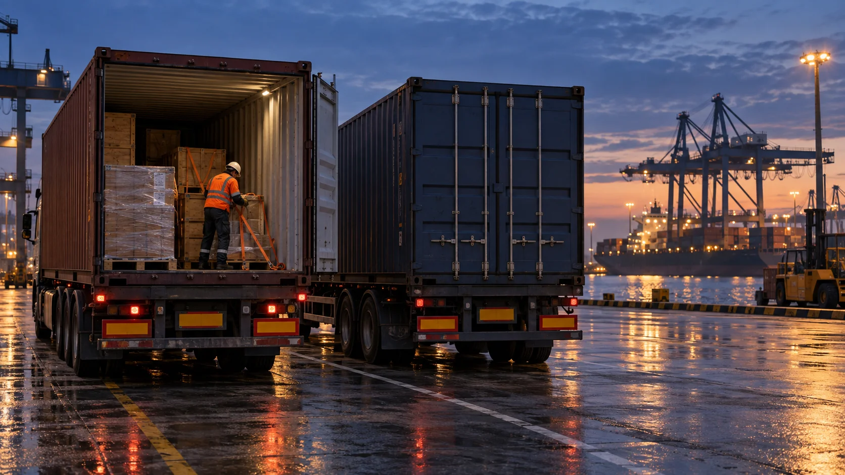 At a European container terminal in the blue hour before sunset, a single part-loaded container stands open at its doors on a trailer, a stevedore securing the last few crates inside with strapping while a full sealed container waits closed on the adjacent trailer.