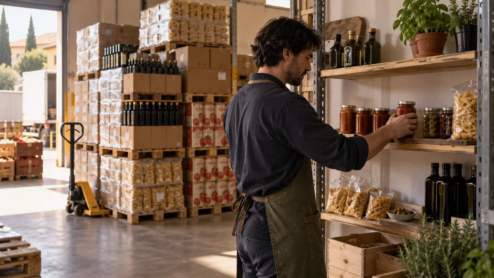 In a warehouse corner set up as a dedicated recurring bay, neatly stacked pallets of Italian goods sit alongside a small shelf of reference samples, a staff member placing a new arrival sample next to previous ones for a quick quality comparison.