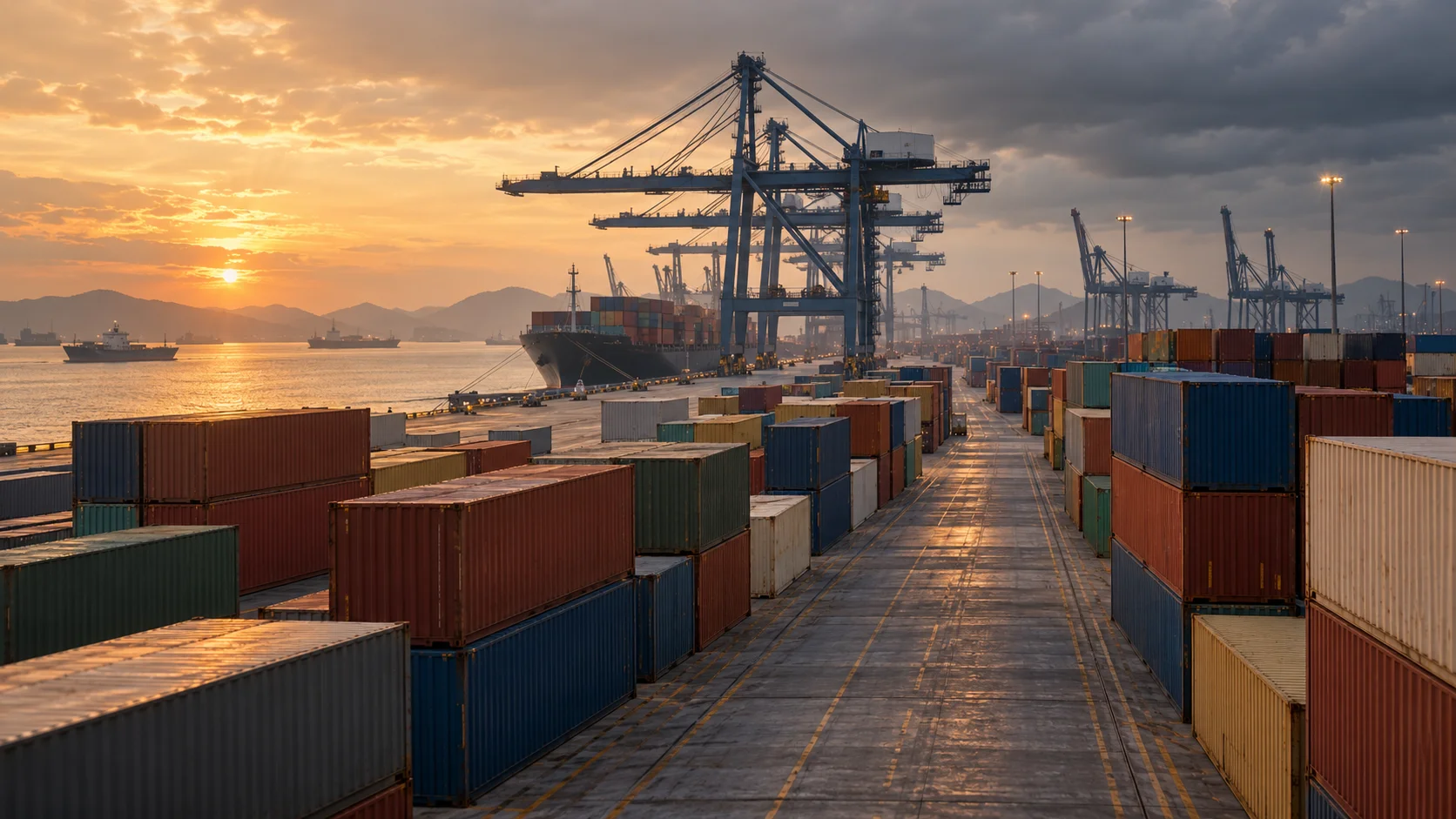 Stacked containers on a port quay beneath gantry cranes at sunset, illustrating one cargo route that several trade deals can cover