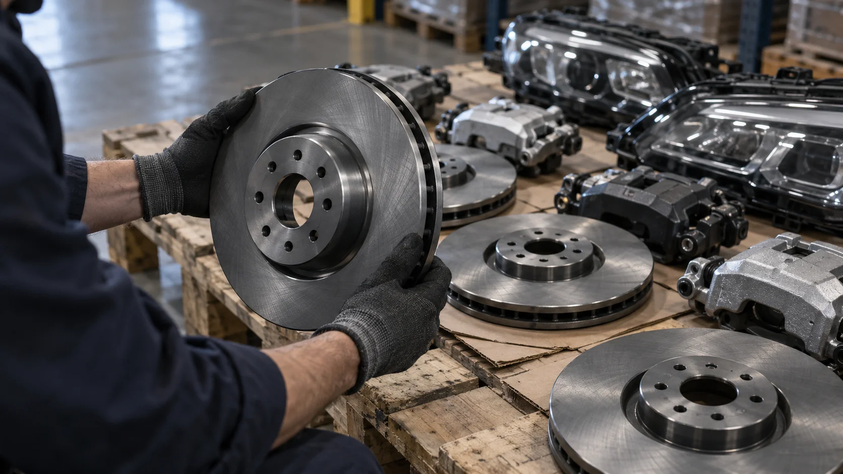 Gloved hands hold a brake disc beside calipers and headlight units on a pallet, illustrating parts that touch vehicle safety rules