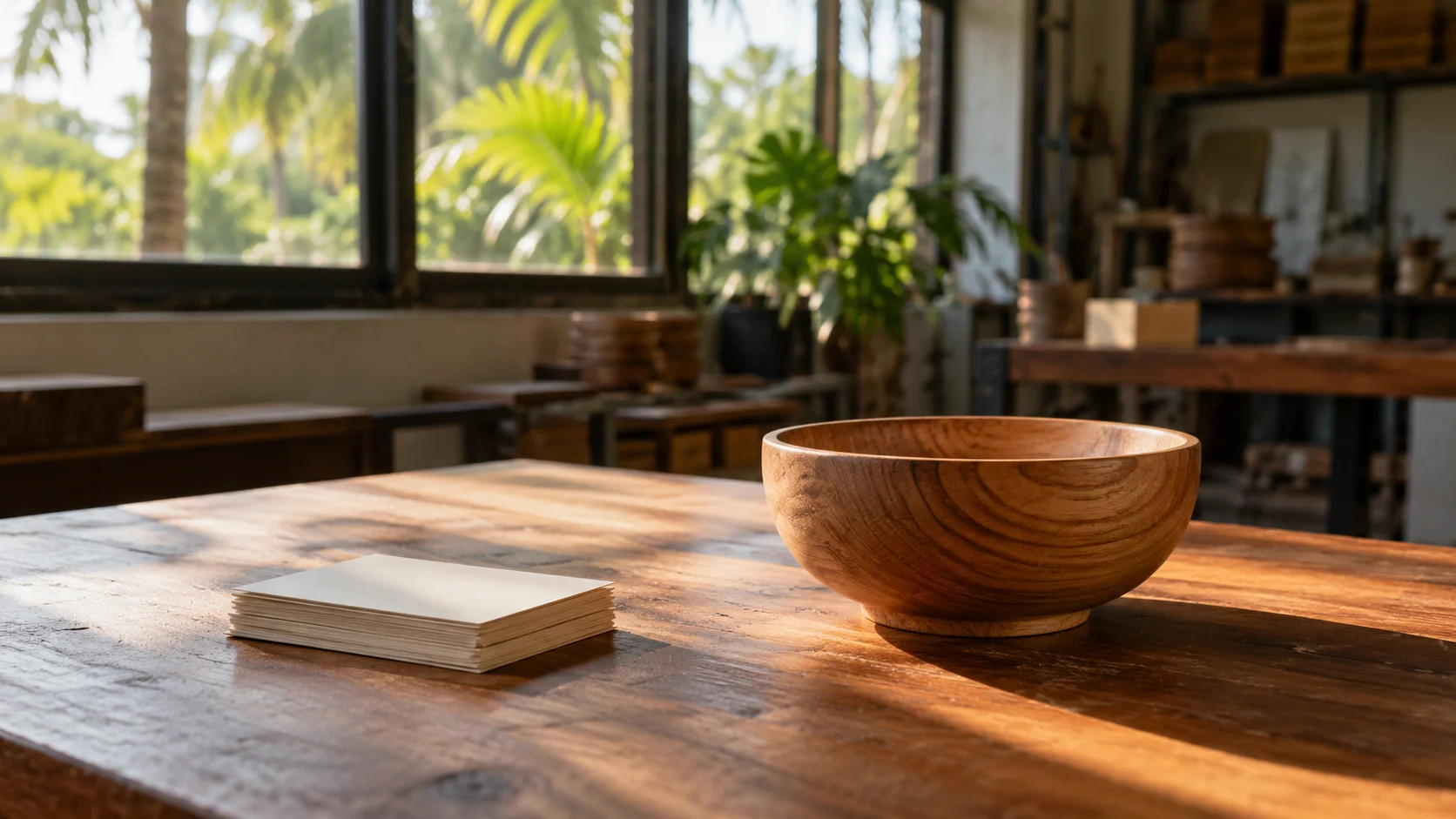 Wooden bowl beside a stack of blank cards on a timber table in a sunlit workshop, a supplier setting for the payment terms ahead