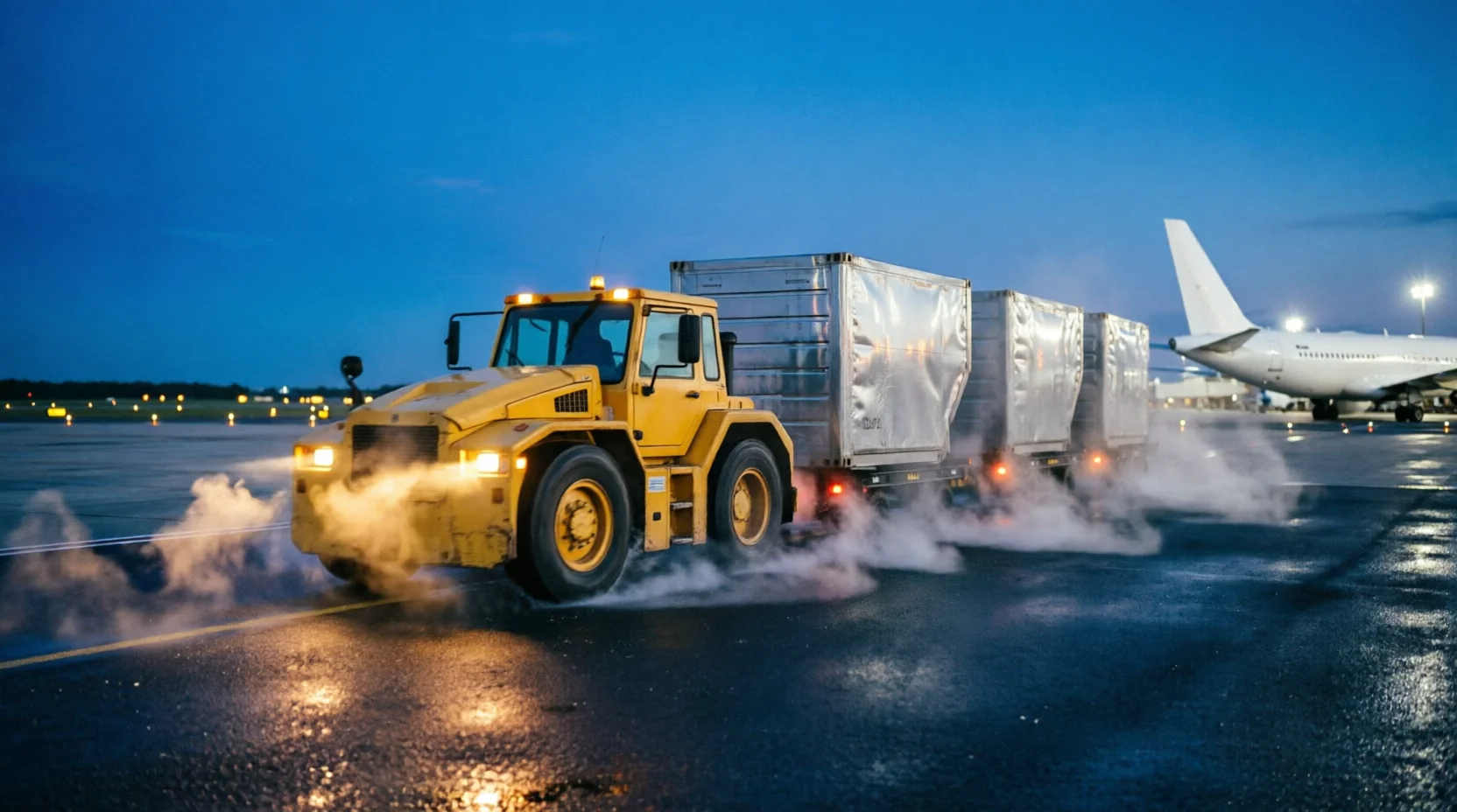 Air cargo containers being loaded onto a cargo-dolly train on a US airport apron at dusk, the sky a deep blue with runway lights beginning to glow.