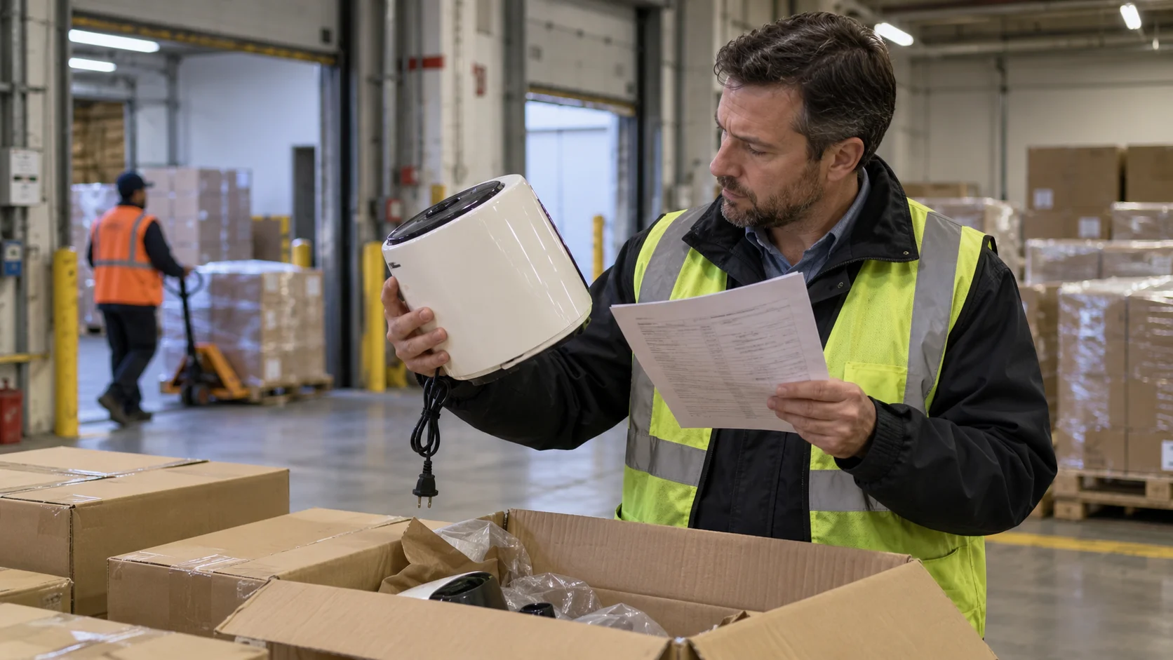 Inline image, 16:9. A realistic warehouse or receiving-dock scene: a customs broker or compliance officer examining a product against a printed test-standard reference