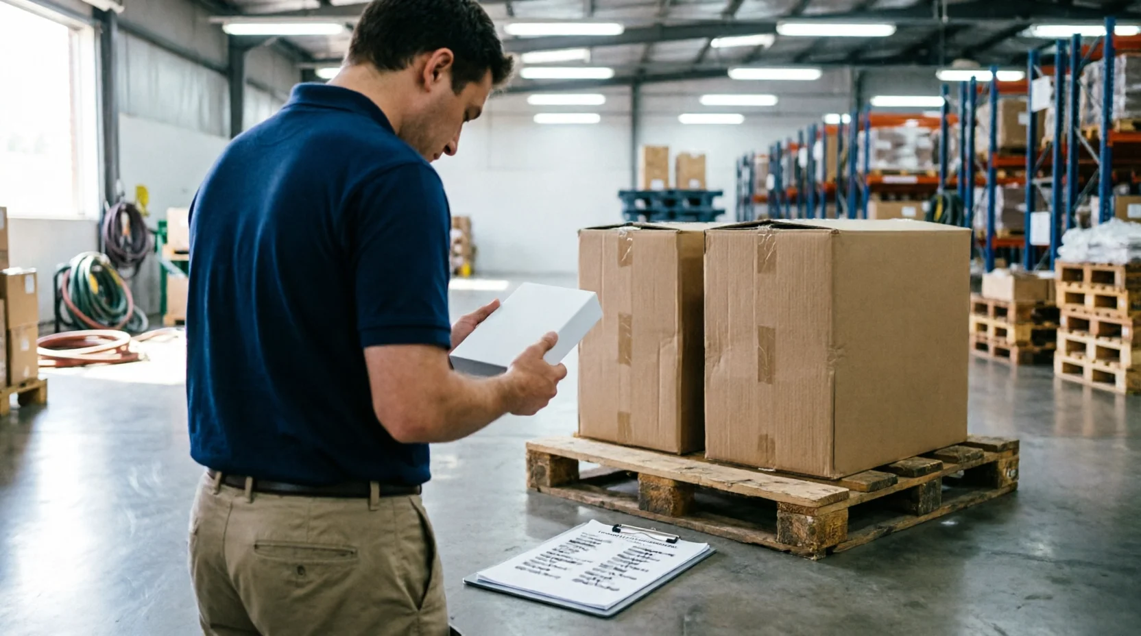 Inline image, 16:9. A realistic warehouse or receiving-dock scene: a customs broker or compliance officer examining a product against a printed test-s