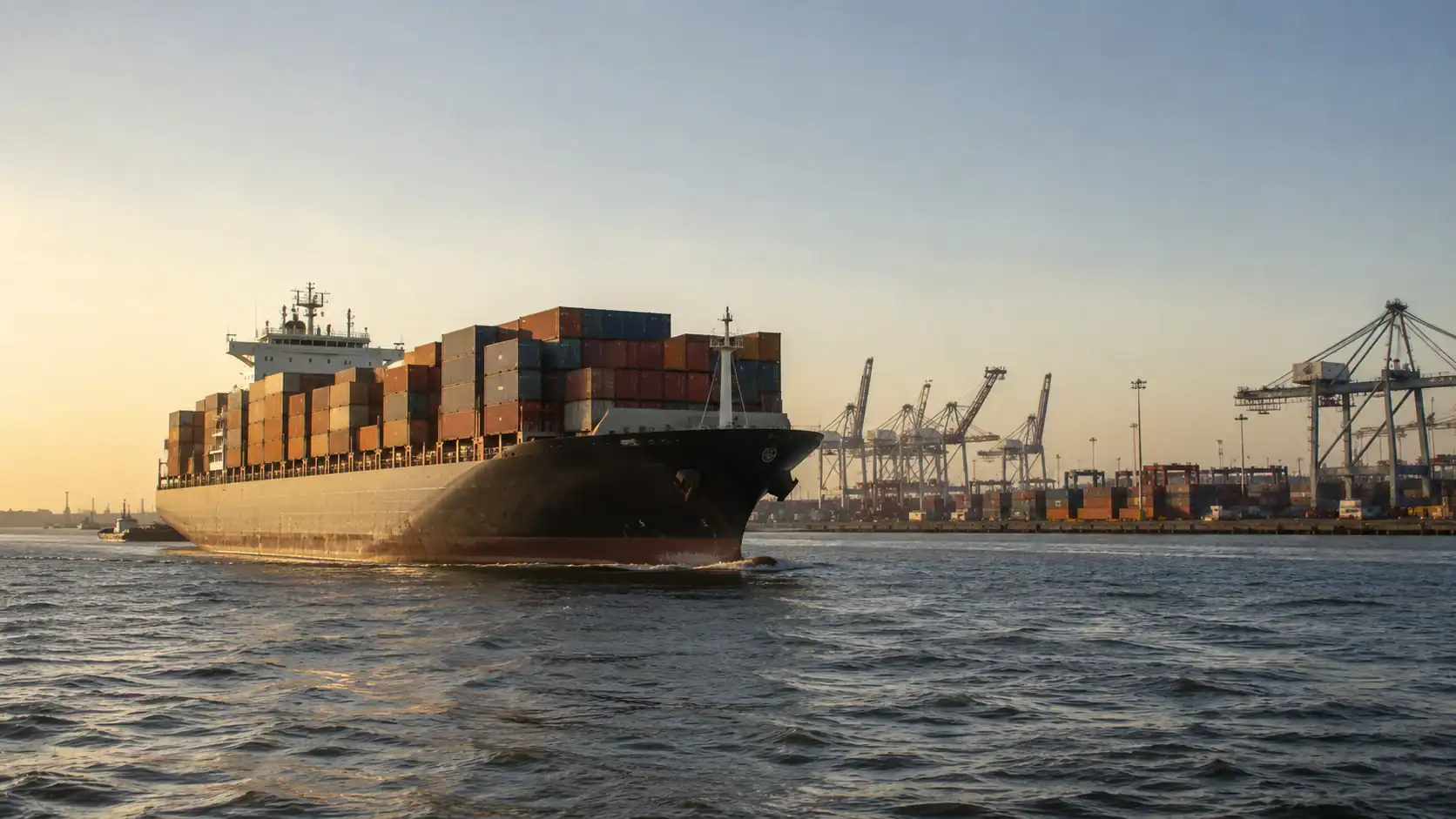 Container ship in Los Angeles/Long Beach harbour with the US flag visible, or a split image showing an American factory/warehouse on one side and Port Botany or Melbourne port on the other