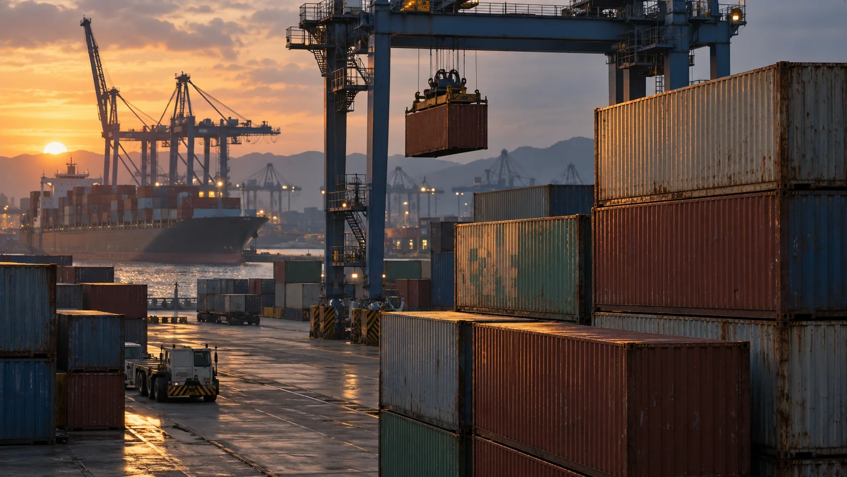 Container yard at a Vietnamese export port at dusk, with a gantry crane mid-lift over stacked shipping containers