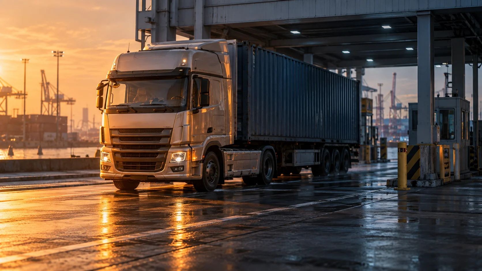Freight truck passing beneath a port checkpoint canopy, cab in warm sunlight and trailer in cool shadow