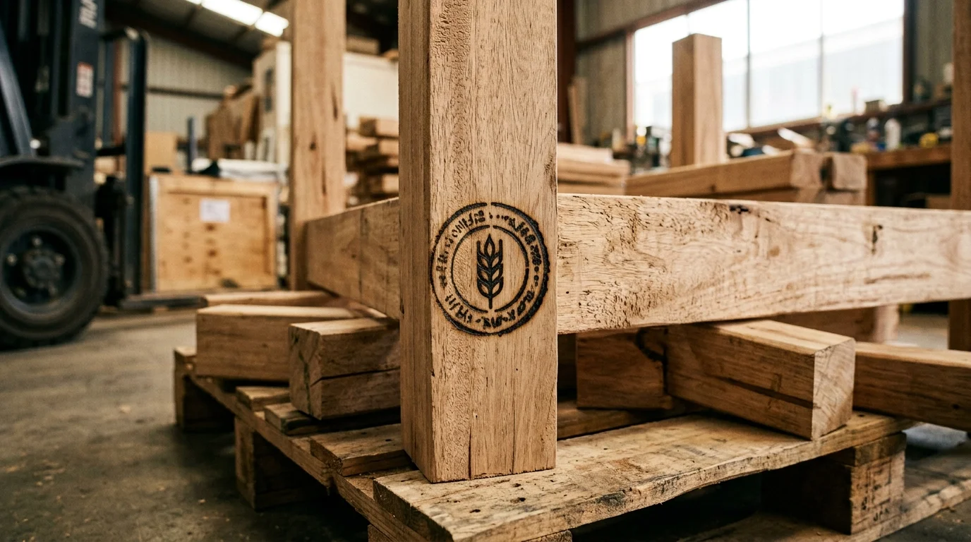 IPPC ISPM 15 compliance stamp on solid timber furniture crating