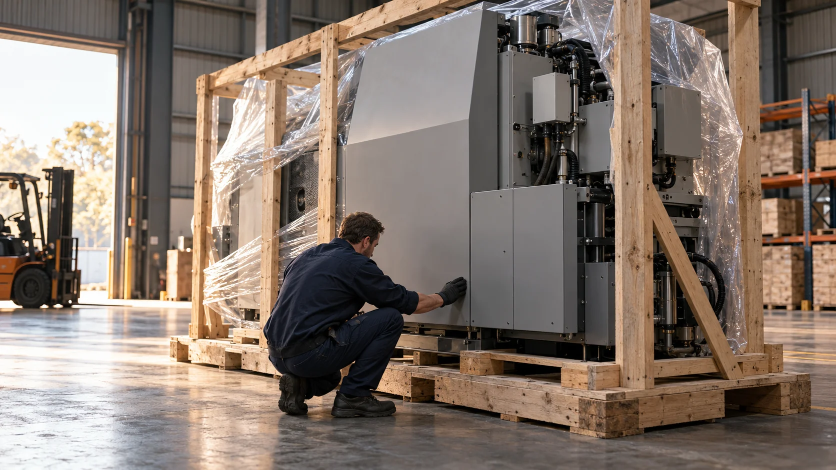 Worker crouching to check a panel on a crated industrial machine wrapped in plastic film in a warehouse bay