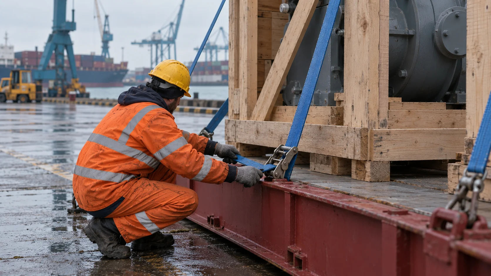 Worker in orange hi-vis tightening a ratchet strap on a crated machine lashed to a flat rack on a wet quay