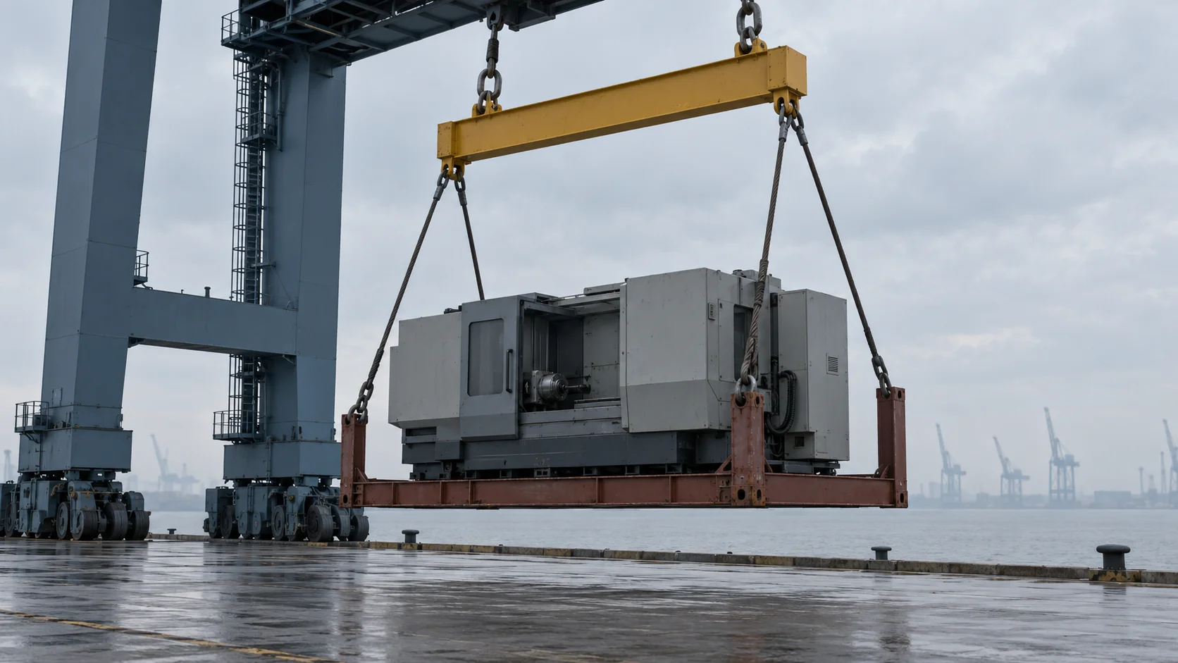 A CNC machining centre swinging from a quay crane on a flat rack above a wet quay on an overcast day
