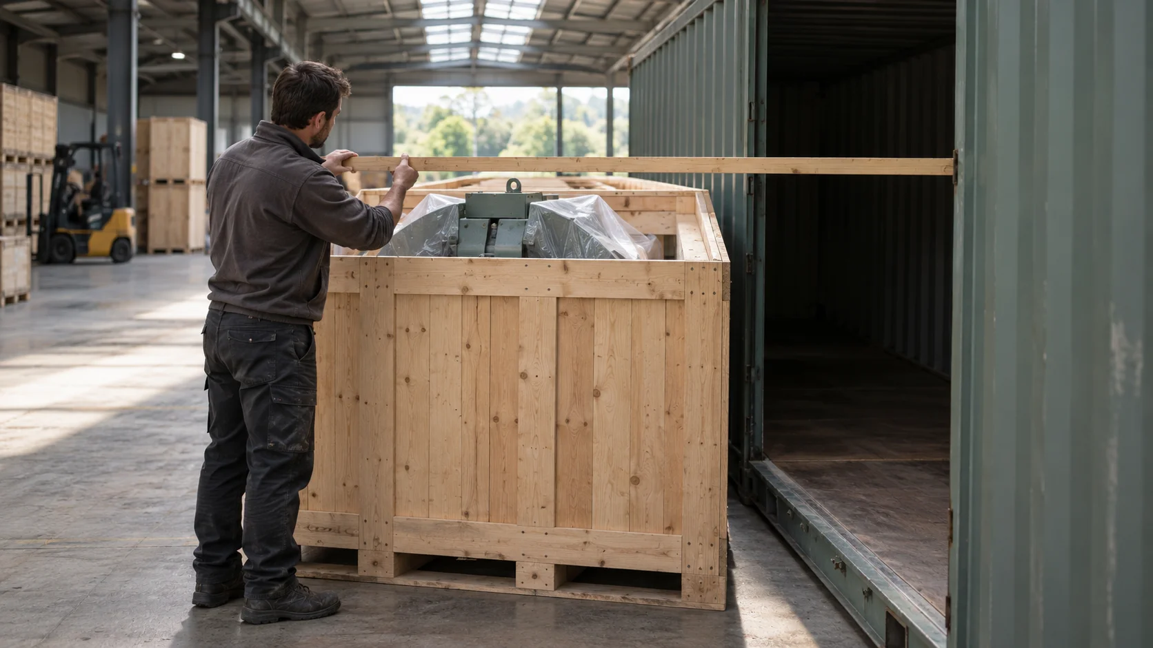 Man checking a crated machine against the doorway of an open container with a long timber measuring batten