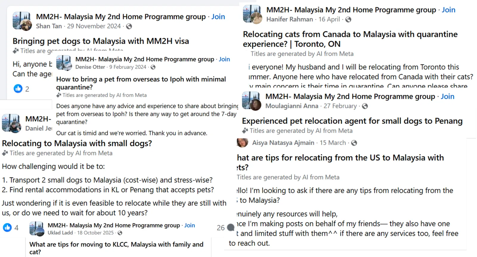 Collage of posts from the MM2H Malaysia My 2nd Home Facebook group asking about relocating pets to Malaysia