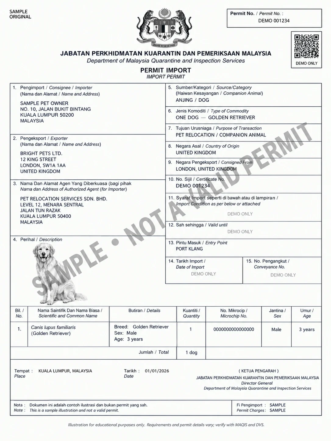 Sample MAQIS import permit for one golden retriever coming from the United Kingdom, marked as a sample and not valid