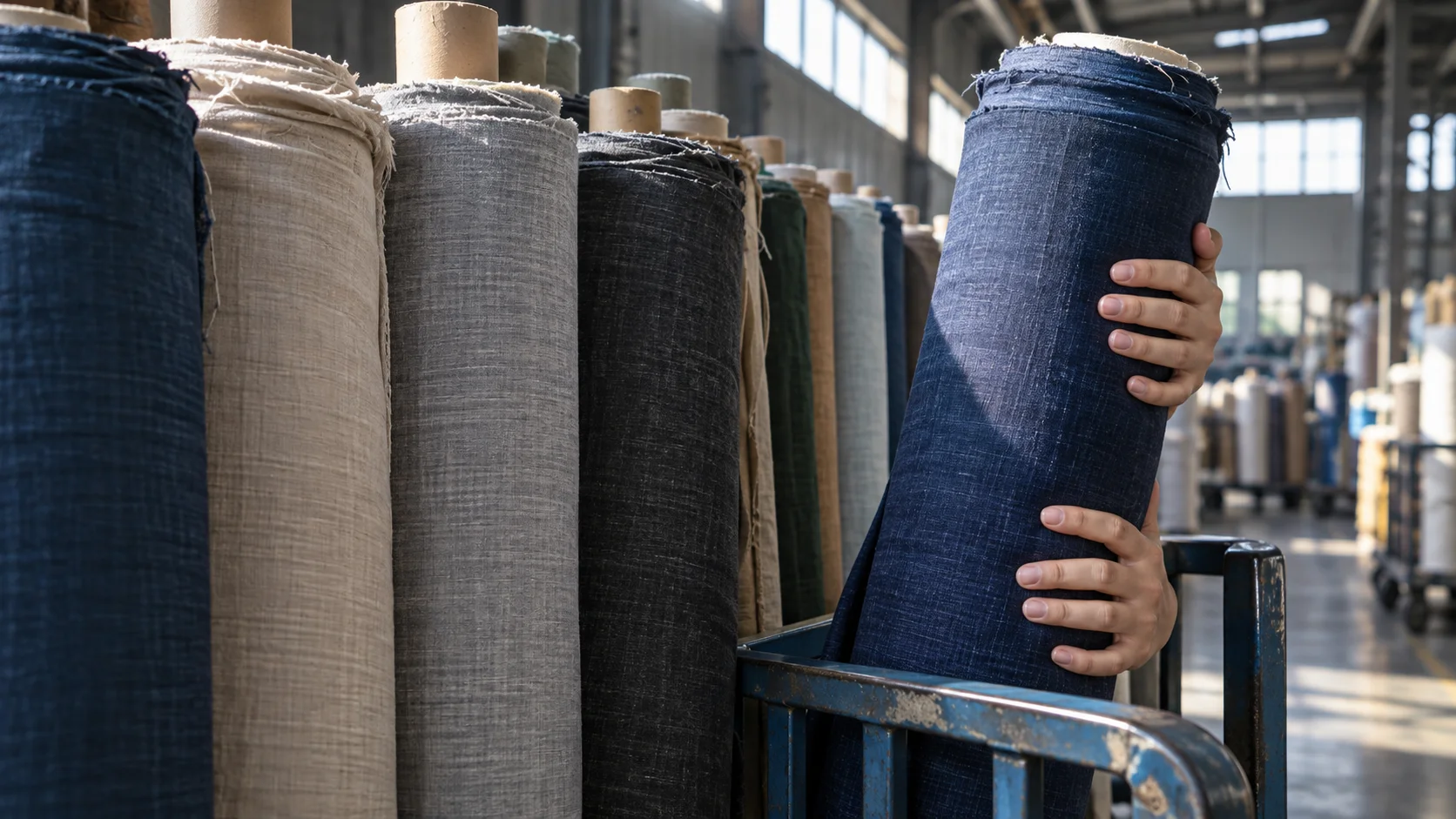 Bolts of woven fabric stand upright in a tight row inside a Chinese textile mill's dispatch area, a worker's hands (cropped at the wrist) sliding one bolt onto a trolley