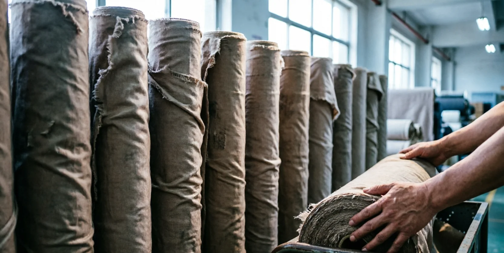 A worker's hands adjust a large fabric bolt at the end of a row of upright textile rolls in a sunlit factory dispatch area.