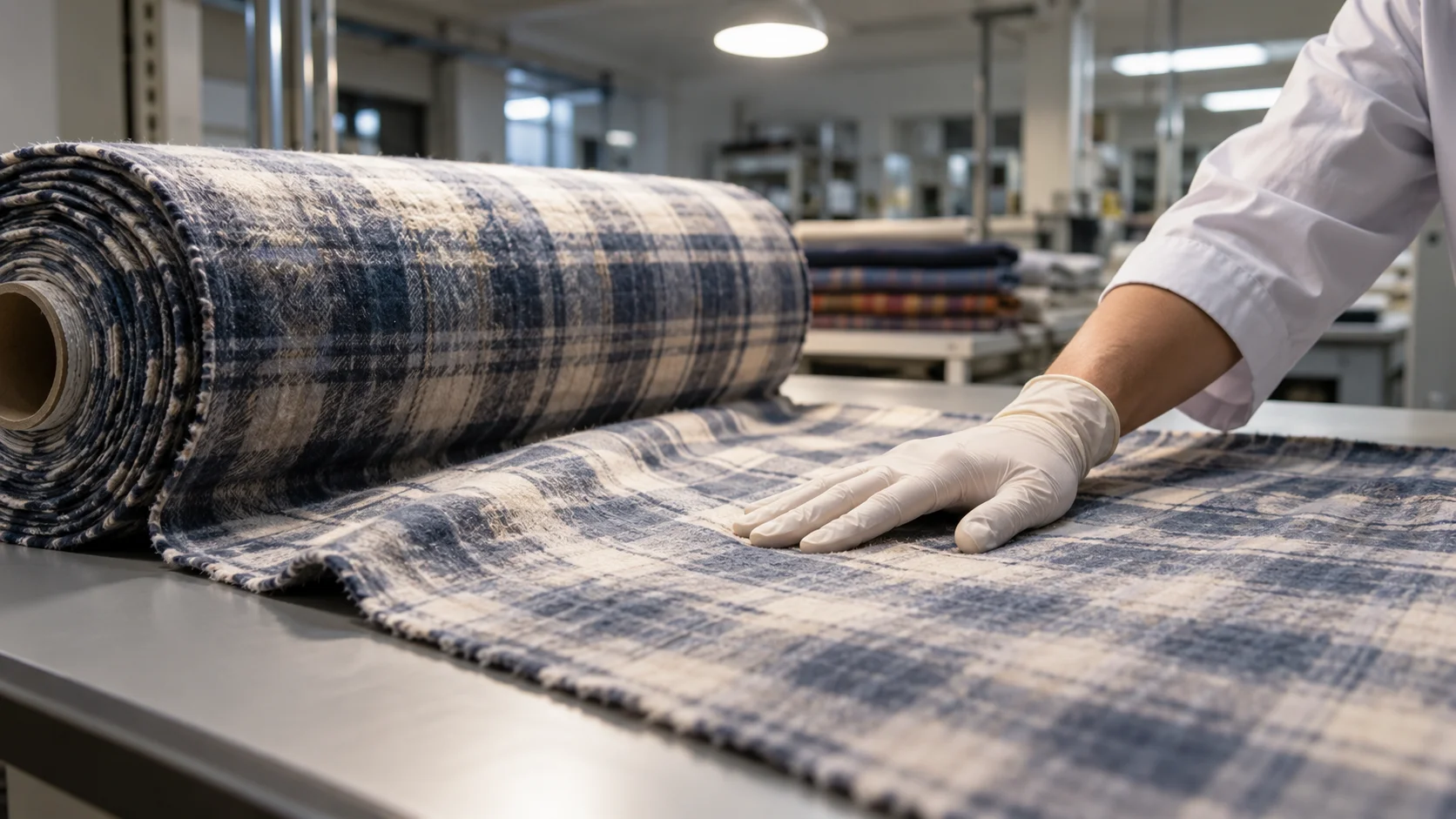 A roll of soft brushed cotton flannelette sits partially unrolled across an inspection table in a compliance-testing room, the fabric's napped texture catching soft,