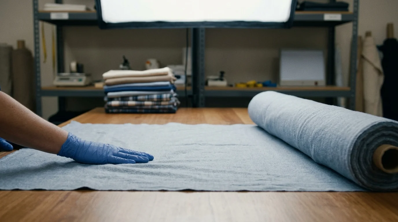 A gloved hand smooths a partially unrolled length of grey flannelette fabric on a wooden inspection table, with folded fabric samples blurred behind.